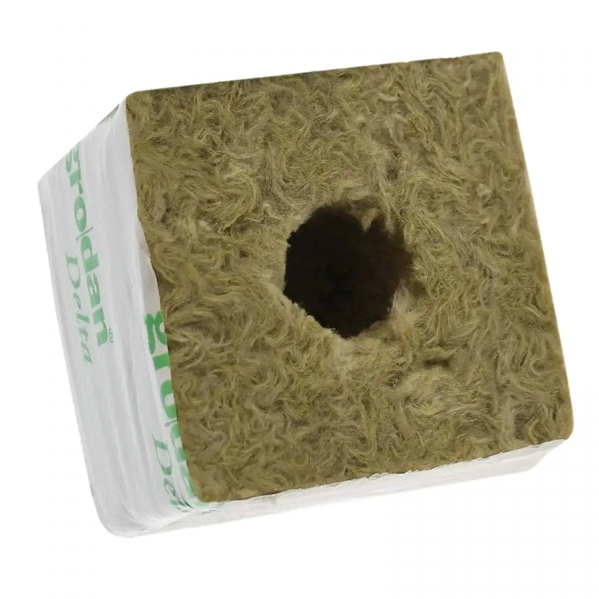 Cube LDR Grodan Hugo 15x15x15cm avec trou de 40mm pour semis et bouturage, idéal en culture hydroponique. Bloc de laine de roche haute qualité.