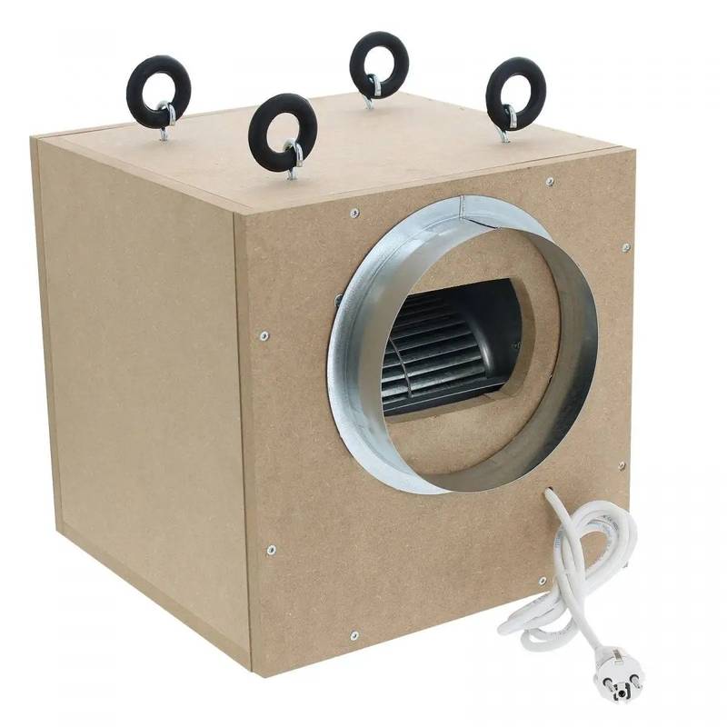 Extracteur d'air insonorisé MDF 160mm avec caisson en bois et sortie circulaire, idéal pour ventilation indoor 550m3/h chez SauceGrowing.