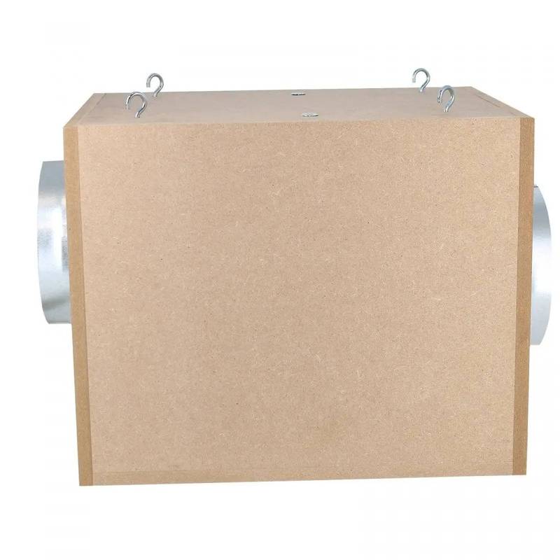 Vue latérale du caisson extracteur insonorisé MDF 160mm avec crochets de suspension, solution de ventilation discrète pour espaces fermés.