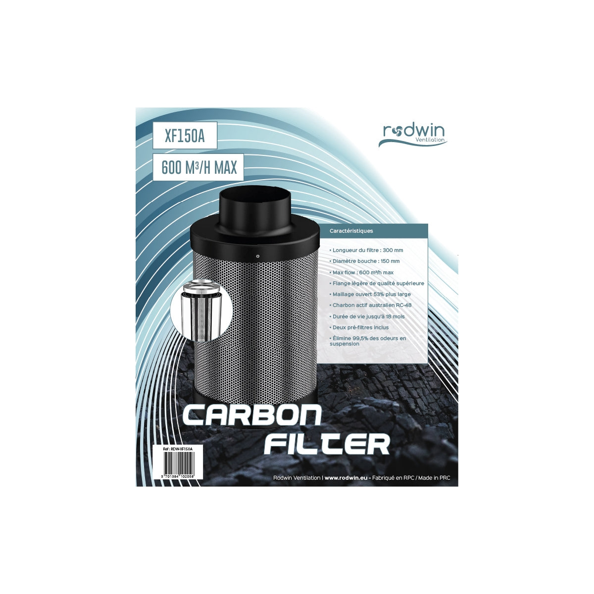 Filtre à charbon pour culture indoor Rodwin 150mm - 600m3/h