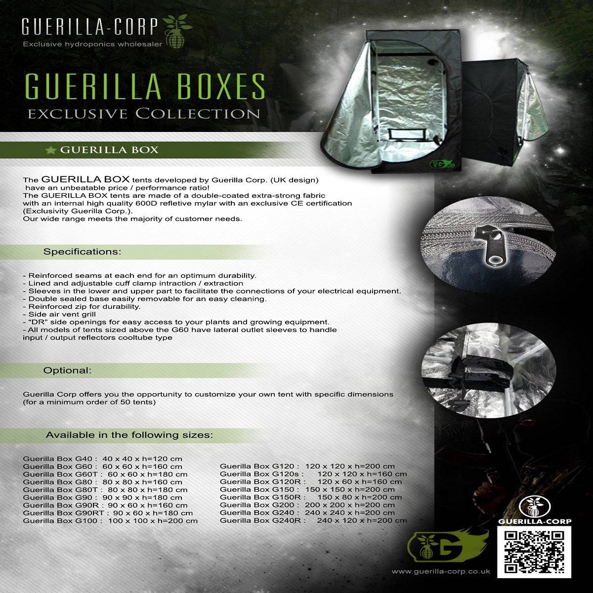 Brochure promotionnelle des tentes de culture Guerilla Box avec spécifications techniques du modèle G120 120x120x200 cm et avantages pour culture en intérieur.