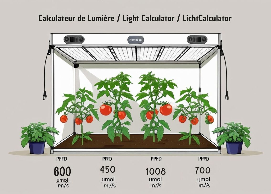 Tente de culture avec tomates et mesure PPFD en μmol/m²/s, affichant un calculateur de lumière en trois langues.