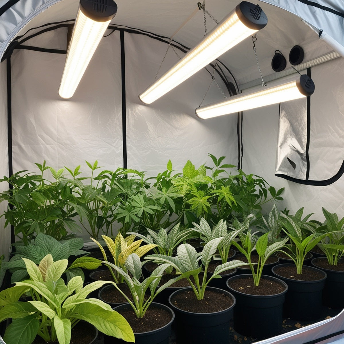 Lampes LED suspendues dans une tente de culture, éclairant des plantes en pleine croissance. Les LED fournissent un spectre lumineux optimal, assurant une croissance saine des plantes tout en maintenant une faible production de chaleur.