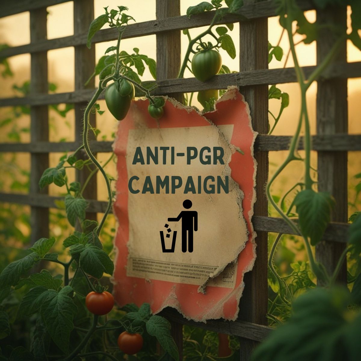  Affiche déchirée sur un treillis avec des tomates, portant le message "ANTI-PGR CAMPAIGN" et une icône de mise à la poubelle.
