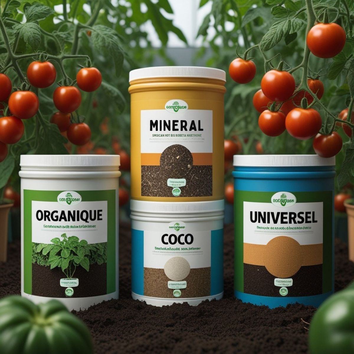 Quatre pots d'engrais étiquetés "Organique", "Minéral", "Coco" et "Universel" posés sur un sol riche en terre, entourés de plants de tomates mûres et saines dans une serre lumineuse.