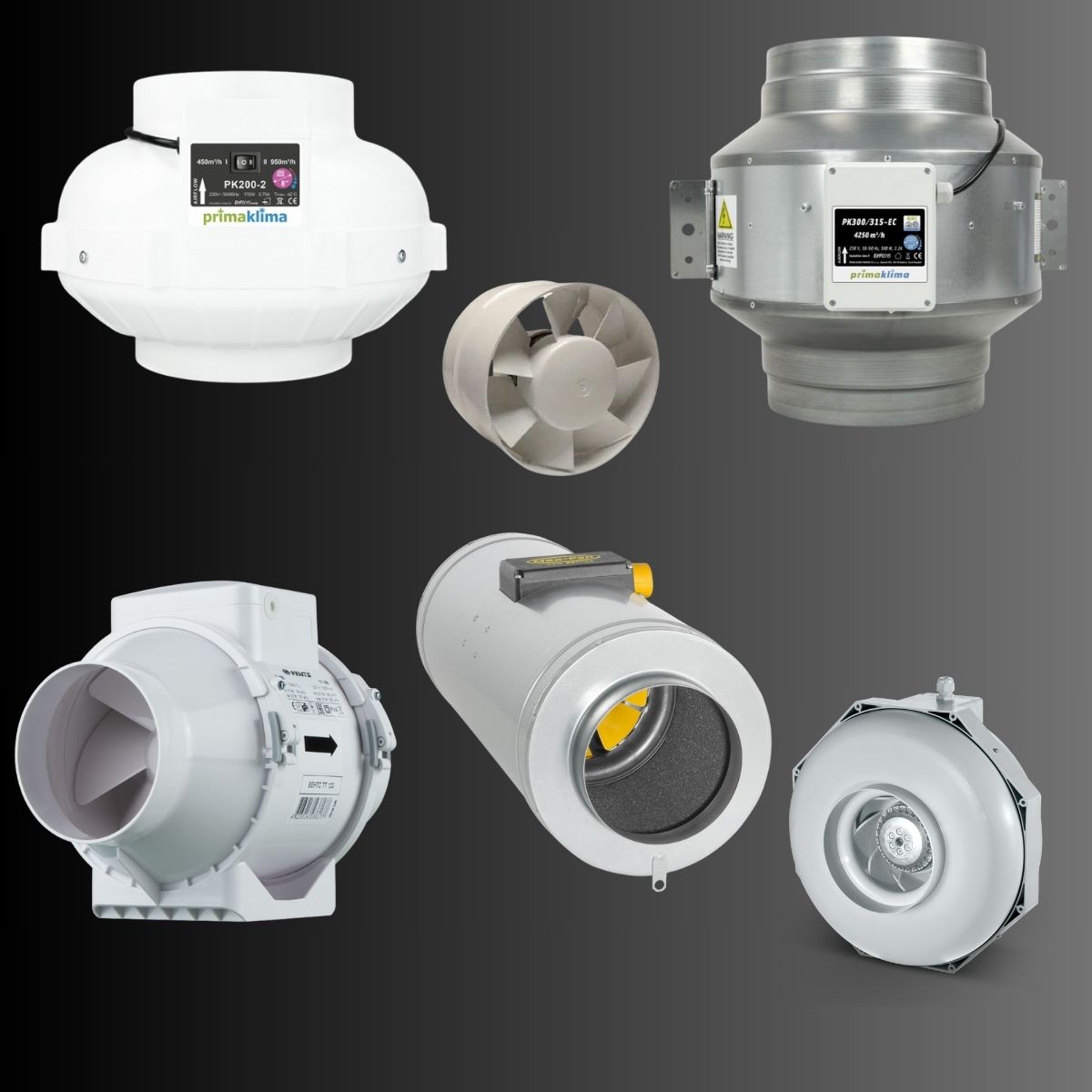 Image présentant différents modèles de ventilateurs de conduit pour la ventilation, incluant des modèles en plastique et en métal de marques telles que Prima Klima. Fond sombre contrastant avec les extracteurs d'air.