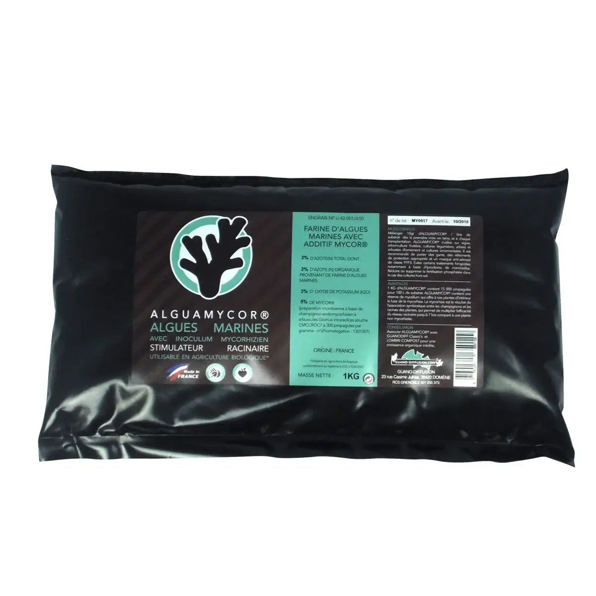 ALGUAMYCOR 1kg – Stimulateur racinaire organique mycorhizien en sachet noir, enrichi en mycorhizes, bactéries Azospirillum et algues marines. Engrais naturel pour renforcer les racines et la croissance des plantes.