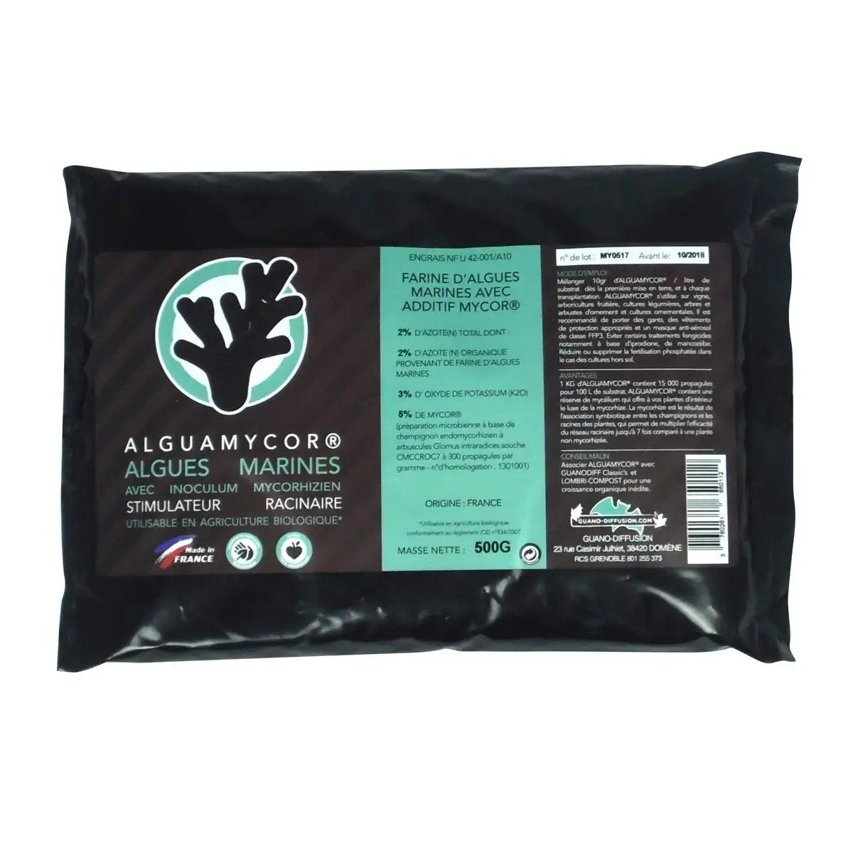 ALGUAMYCOR® V2 500 g – Booster racinaire aux mycorhizes en sachet noir, engrais organique à base d'algues marines et champignons Glomus. Idéal pour la croissance des plantes et la transplantation.