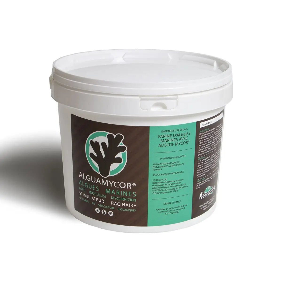 Seau de 2 kg d'ALGUAMYCOR® V2, booster racinaire mycorhizien à base d'algues marines, idéal pour la transplantation et la croissance des plantes.