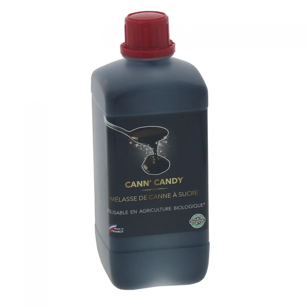 Cann’Candy 1L – Mélasse de canne pour fruits sucrés dans un flacon noir avec bouchon rouge, idéal pour engrais bio et stimulation du sol.