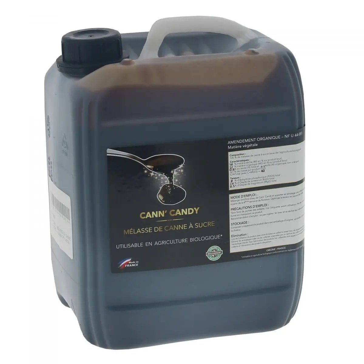 Bidon de 5L de Cann’Candy – Mélasse de canne bio pour fruits sucrés, engrais liquide riche en sucres pour stimuler les bactéries du sol.