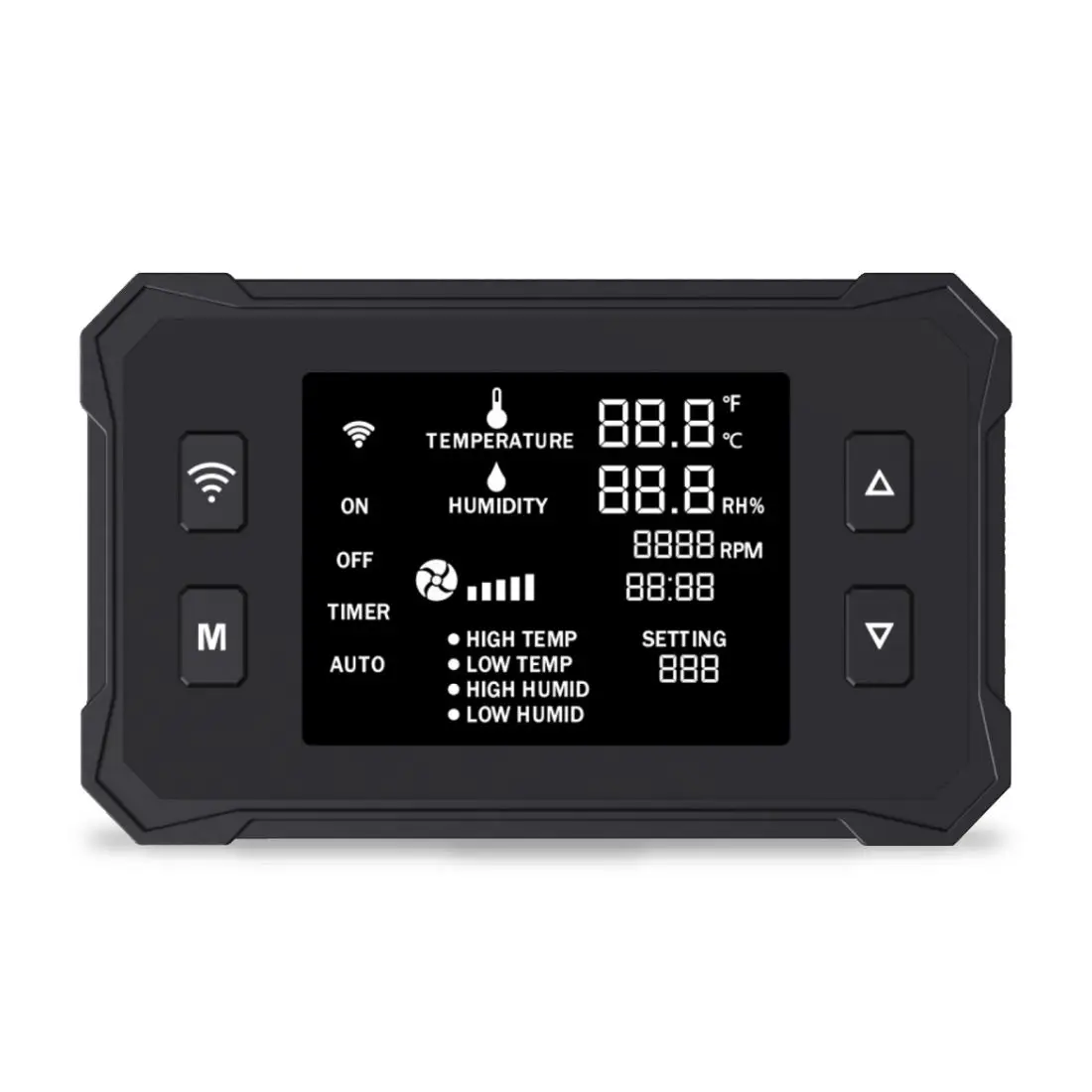 Contrôleur numérique Wi-Fi Cllivex pour extracteur EC Silence avec écran LCD affichant température, humidité et vitesse du ventilateur.