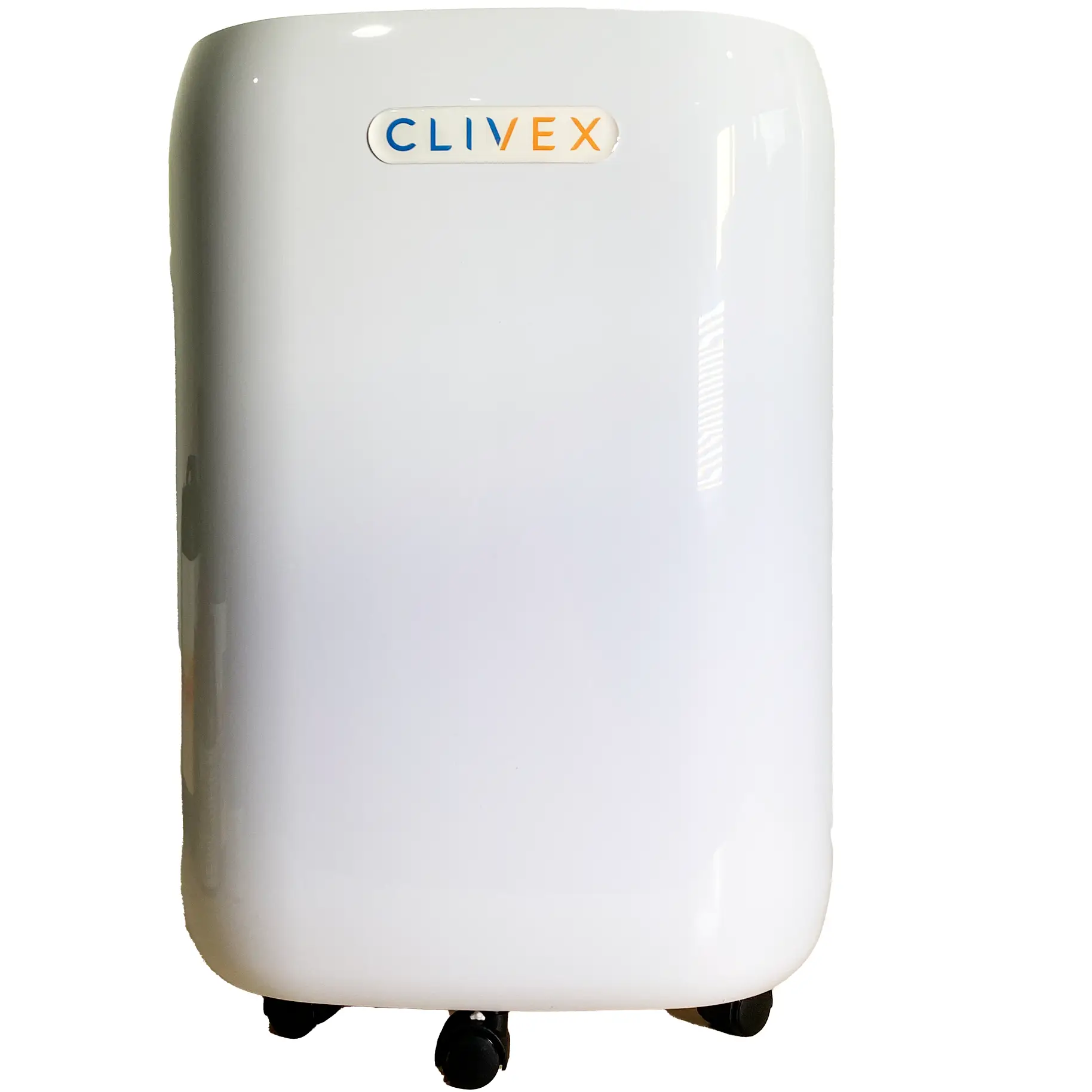 Déshumidificateur Industriel Clivex HomeDry 20L compact avec design blanc épuré, idéal pour pièces jusqu’à 40 m², monté sur roulettes.