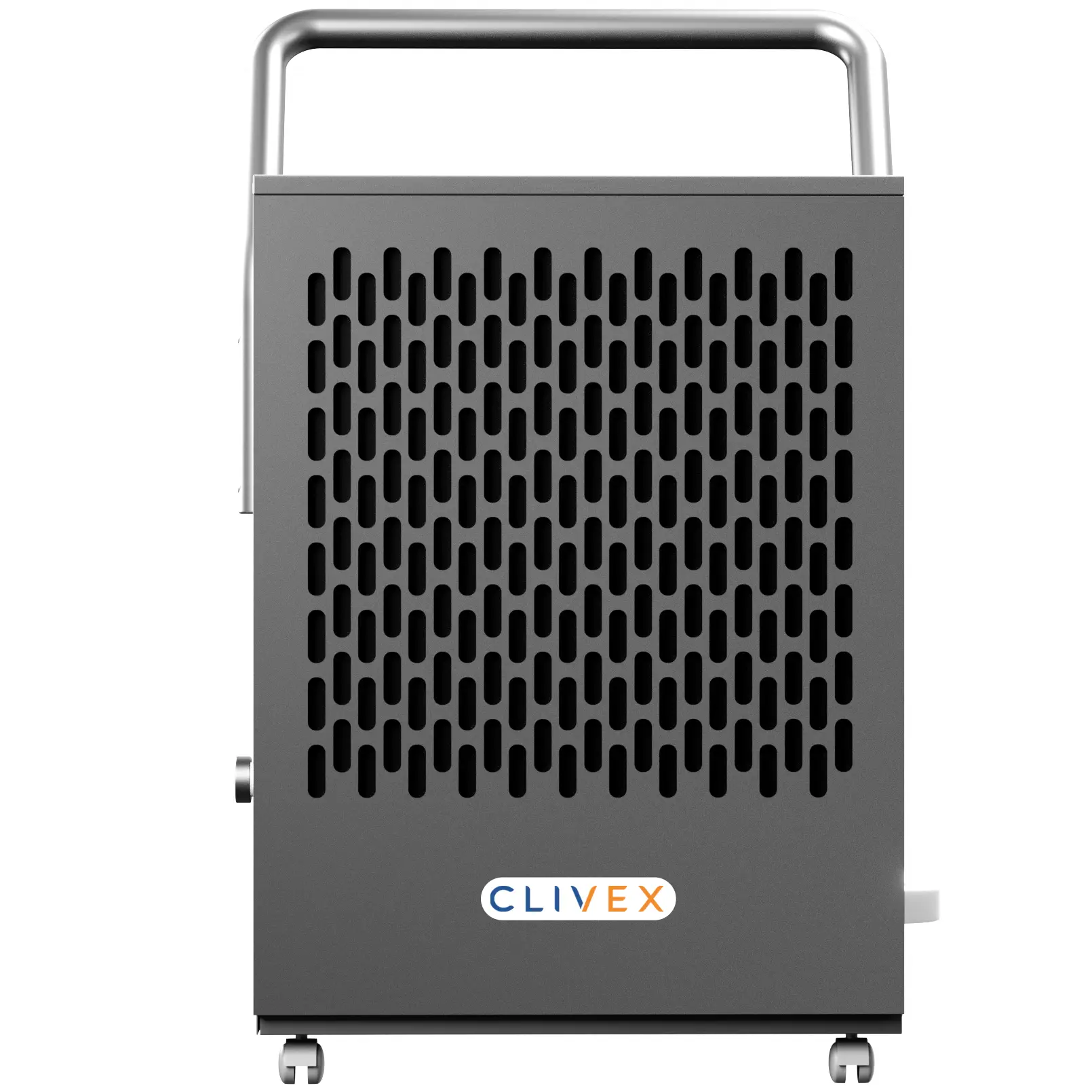 Déshumidificateur Clivex ProDry 50L avec grille frontale noire, adapté aux grands espaces jusqu’à 150m², design compact sur roulettes.