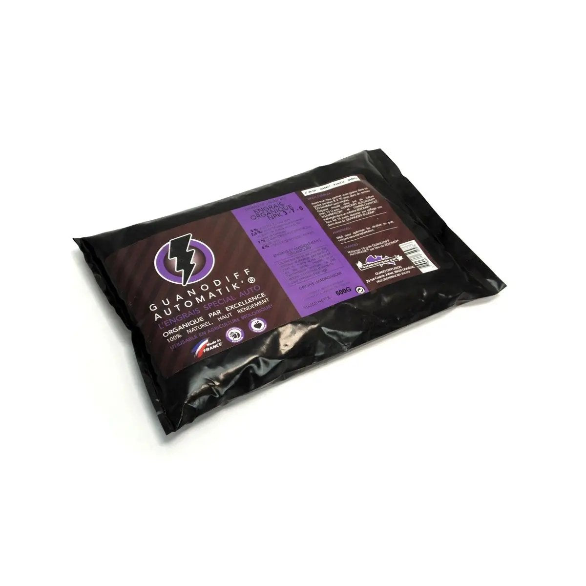 Sachet de 500g d'engrais GUANODIFF Automatik’ NPK 3-12-5, 100 % organique, idéal pour floraison des plantes auto en pot unique.
