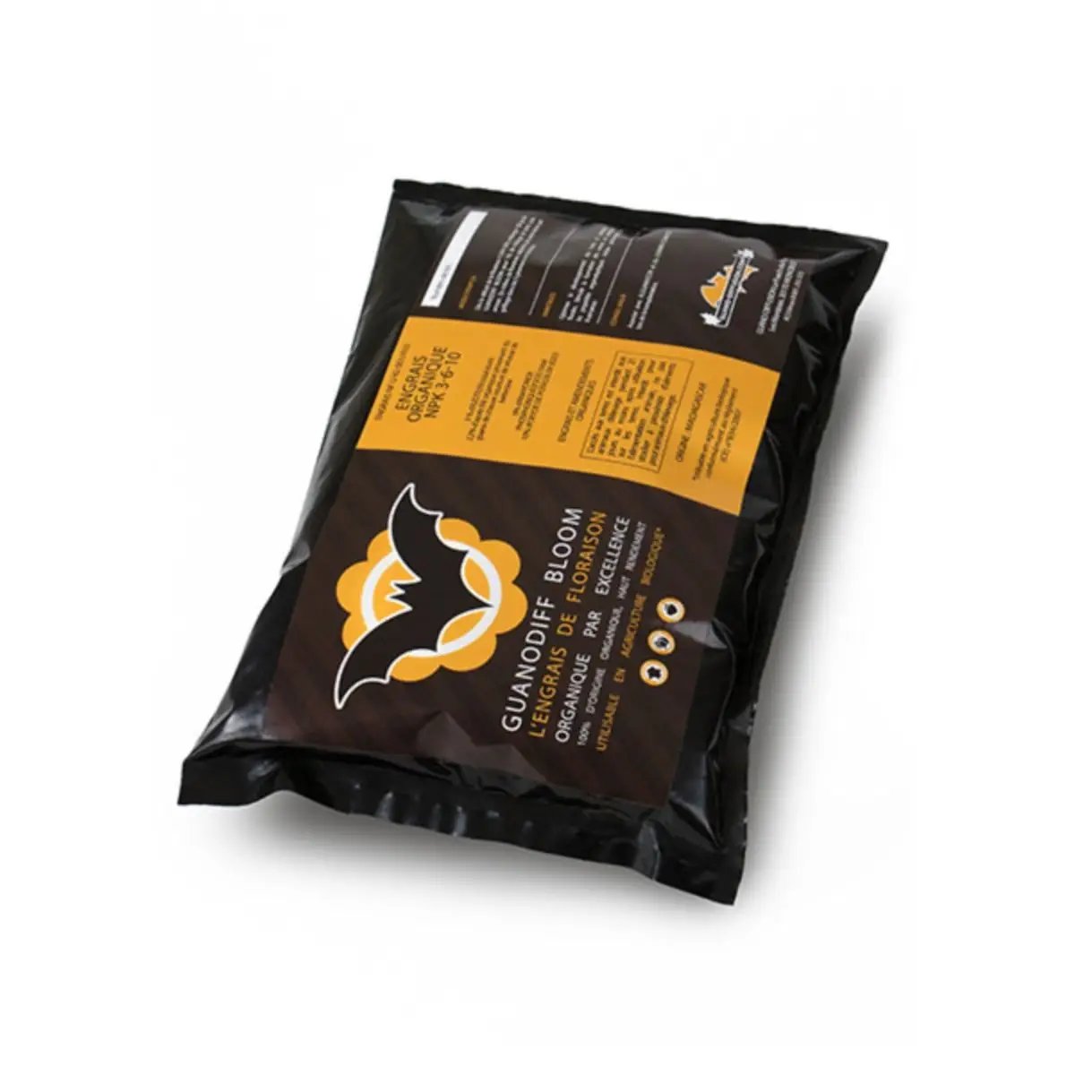 GUANODIFF Bloom 500g – Engrais organique floraison et arômes à base de guano de chauve-souris, sachet noir et orange pour culture florale.