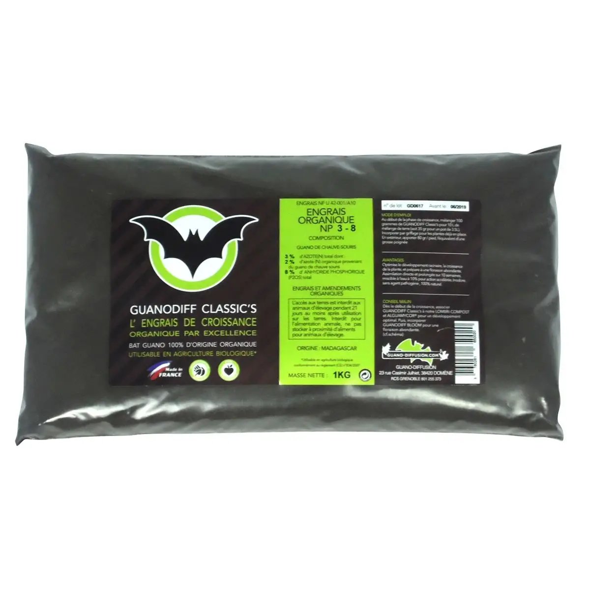 GUANODIFF Classic’s 1 kg – Engrais croissance racinaire à base de guano naturel, idéal pour renforcer les racines et stimuler la floraison des plantes.