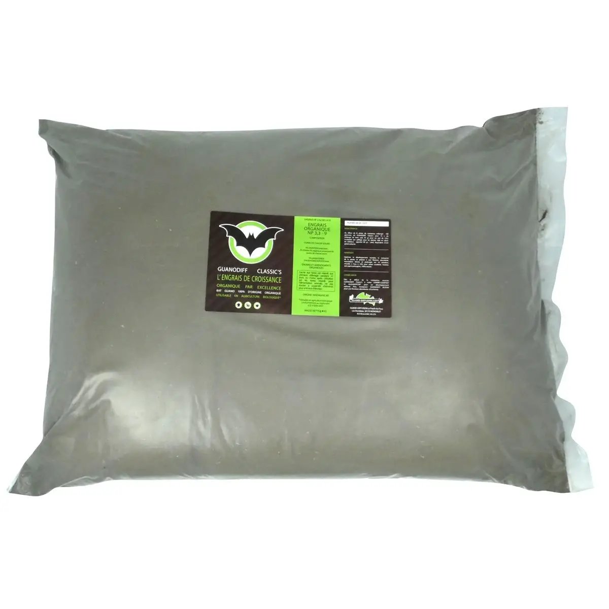 Sac de 20kg d'engrais organique GUANODIFF Classic’s à base de guano de chauve-souris, idéal pour la croissance des plantes en culture intensive.