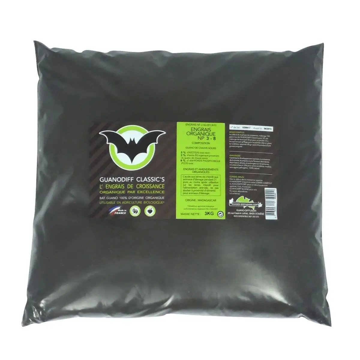 Sac de 3 kg d'engrais naturel GUANODIFF Classic’s à base de guano de chauve-souris, idéal pour la croissance des plantes et les racines. Formule NP 4-14.5 à action prolongée de 8 semaines.