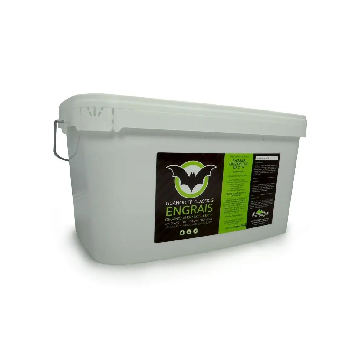 Seau de 7 kg d'engrais organique GUANODIFF Classic’s à base de guano de chauve-souris, idéal pour une croissance vigoureuse des plantes.