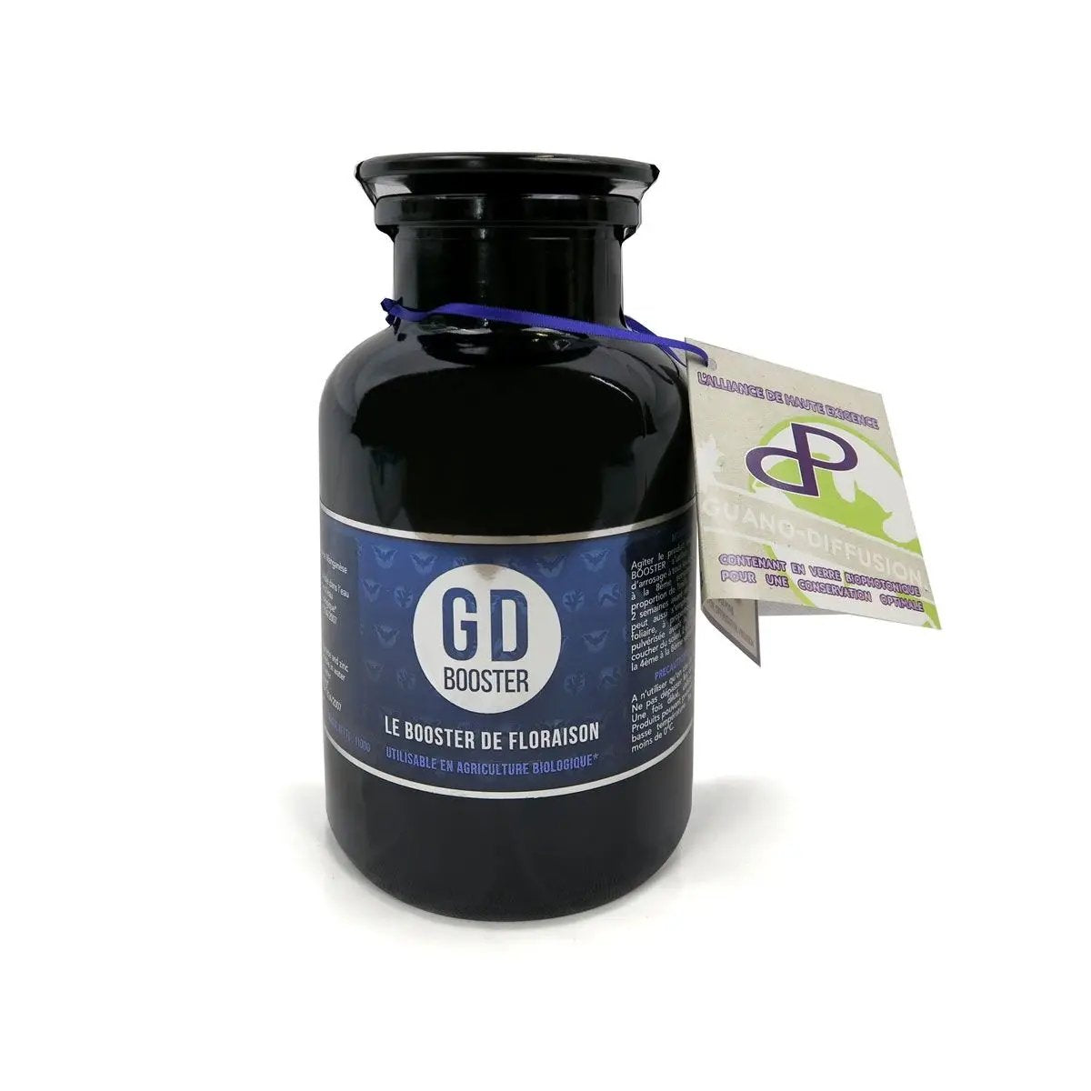 Flacon de 2 litres de GD BOOSTER® par Guano Diffusion, engrais biologique pour floraison et arômes, enrichi en acides aminés, zinc et manganèse.