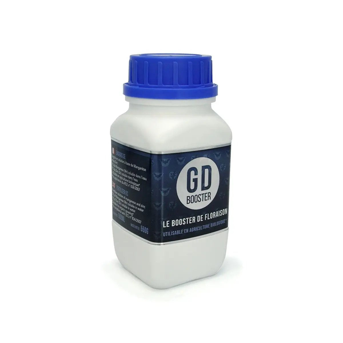Flacon de GD BOOSTER® 500 ml, engrais liquide concentré pour floraison, enrichi en acides aminés et hormones végétales, par Guano Diffusion.