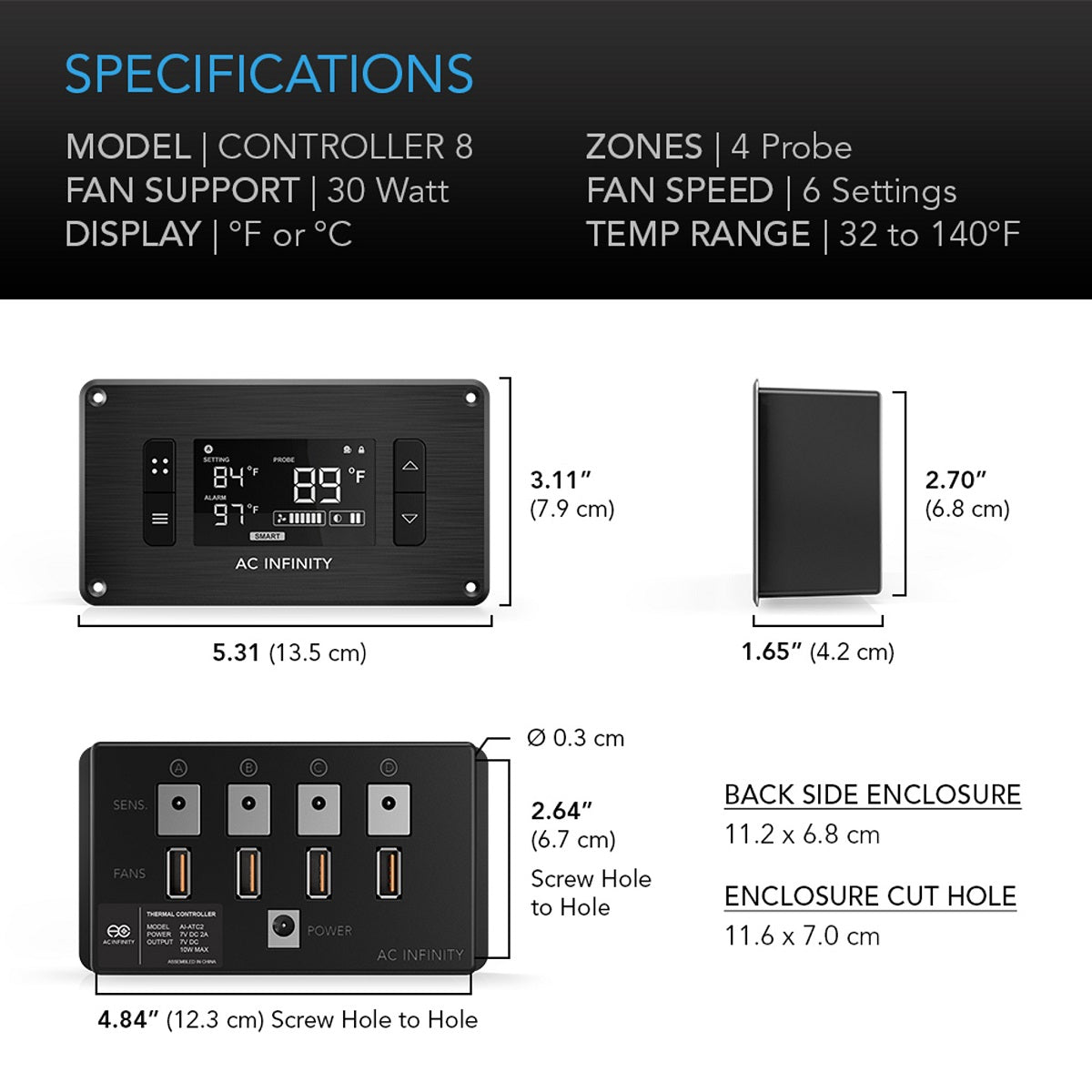 Spécifications du Controller 8 AC Infinity pour 4 zones