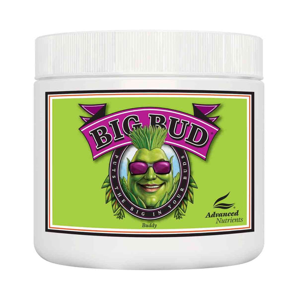 Engrais soluble Advanced Nutrients Big Bud Powder 500gr en pot blanc avec étiquette verte, idéal pour la floraison en terre, coco et hydroponie.