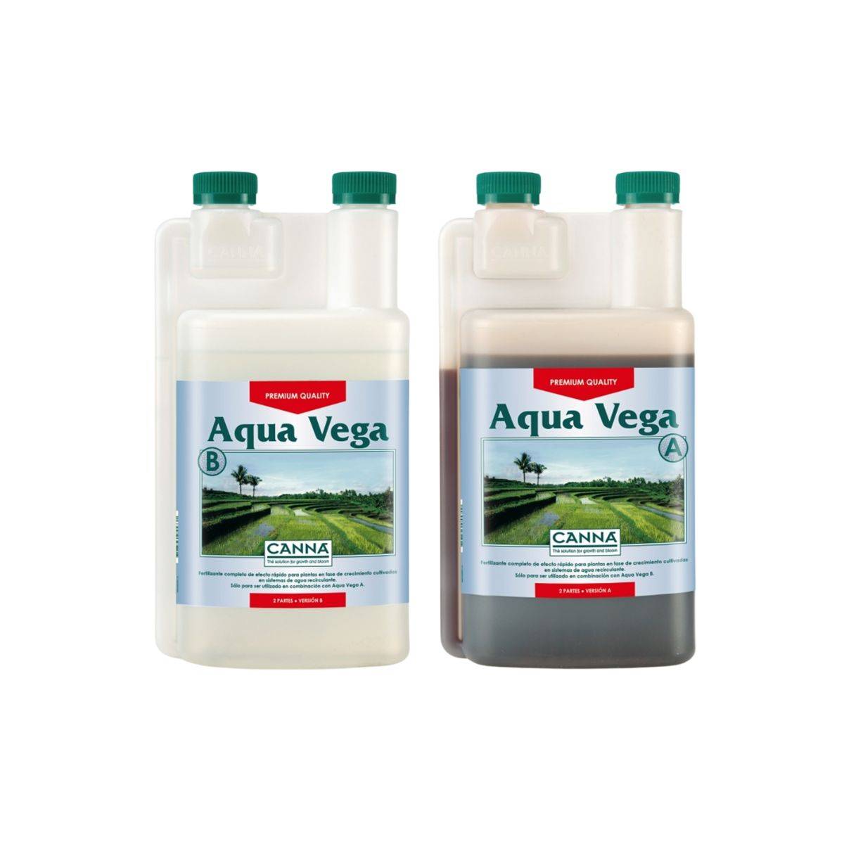 2 bouteilles d'engrais CANNA Aqua Vega A&B pour systèmes hydroponiques, conçu pour la croissance rapide des plantes dans des systèmes en recirculation avec stabilisation du pH.