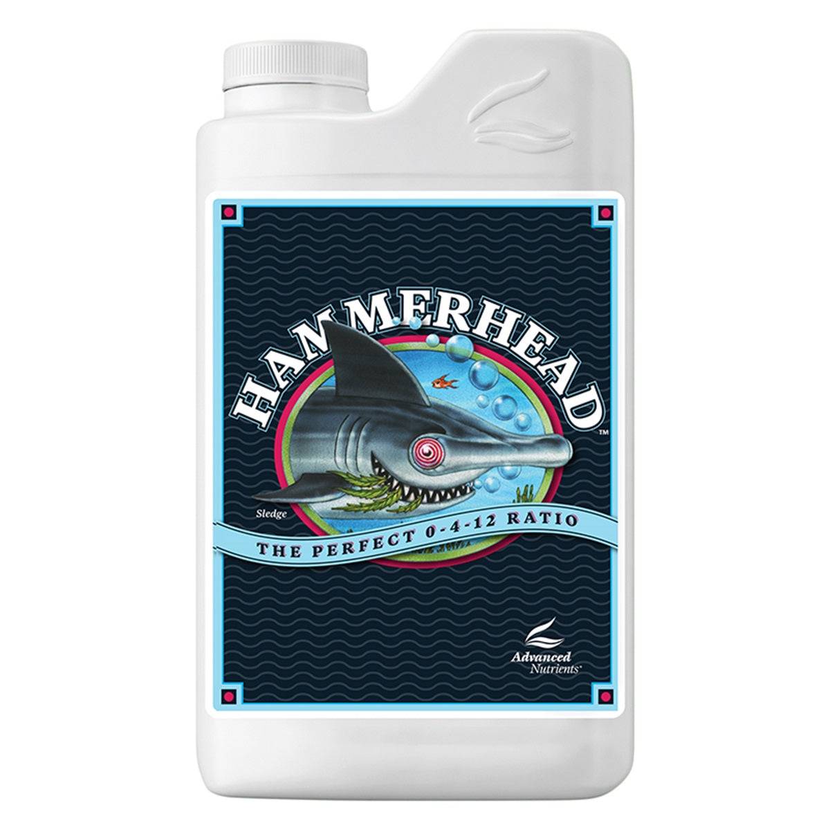 Engrais de floraison Advanced Nutrients Hammerhead 1L avec ratio 0-4-12, idéal pour booster la culture indoor. Étiquette avec requin stylisé.