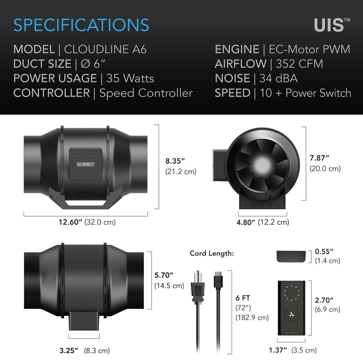 Spécifications de l'extracteur d'air Cloudline A6