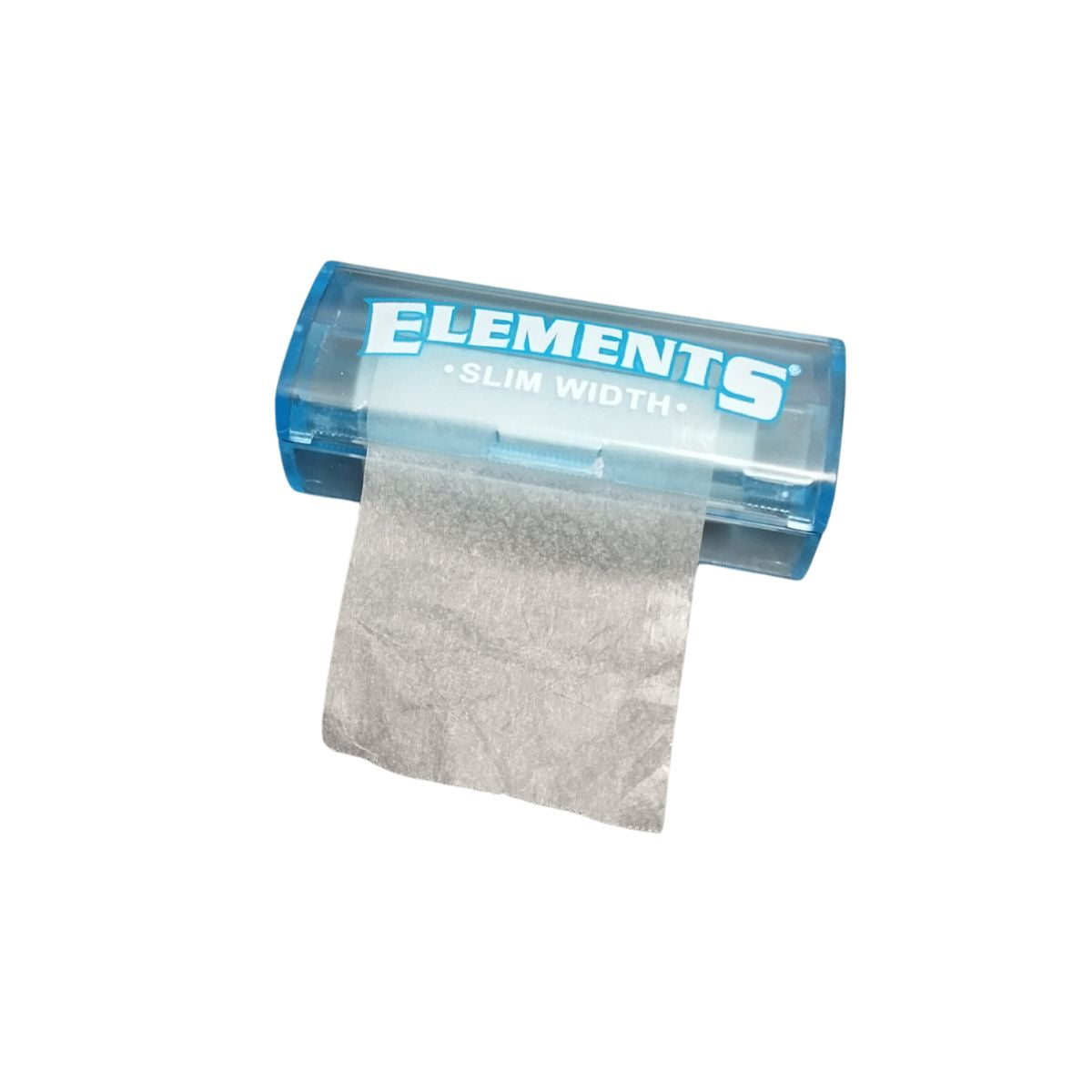 Rouleau de feuilles à rouler Elements Slim Width de 5 mètres, dans un boîtier plastique bleu.