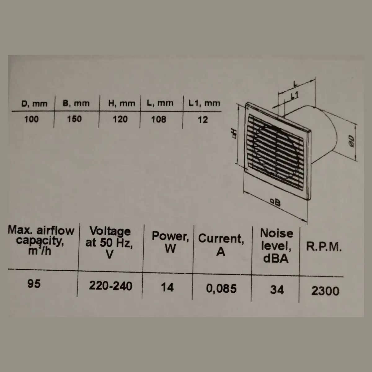 Winflex VKOs 100mm - 105m3/h - Ventilatore di scarico a parete con griglia
