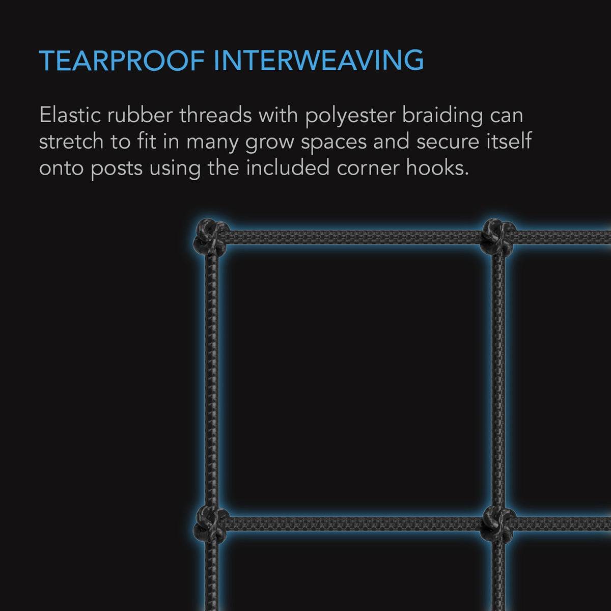 Zoom sur la structure tressée résistante du filet de palissage AC Infinity 60x60cm, conçu en polyester élastique anti-déchirure avec crochets.
