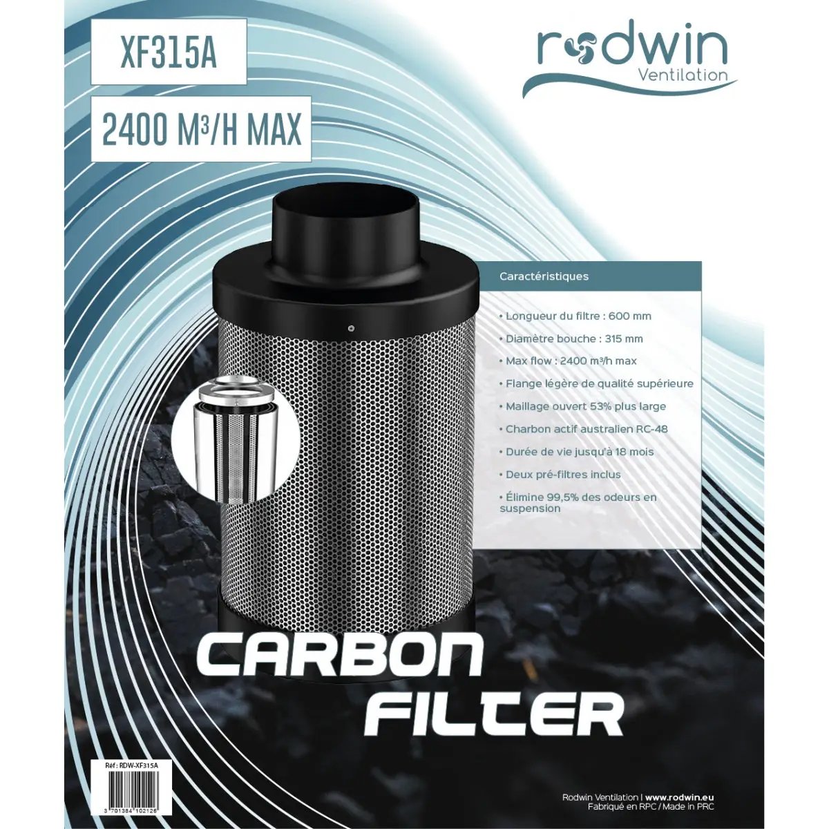 Filtre à charbon pour culture indoor Rodwin 315mm - 2400m3/h
