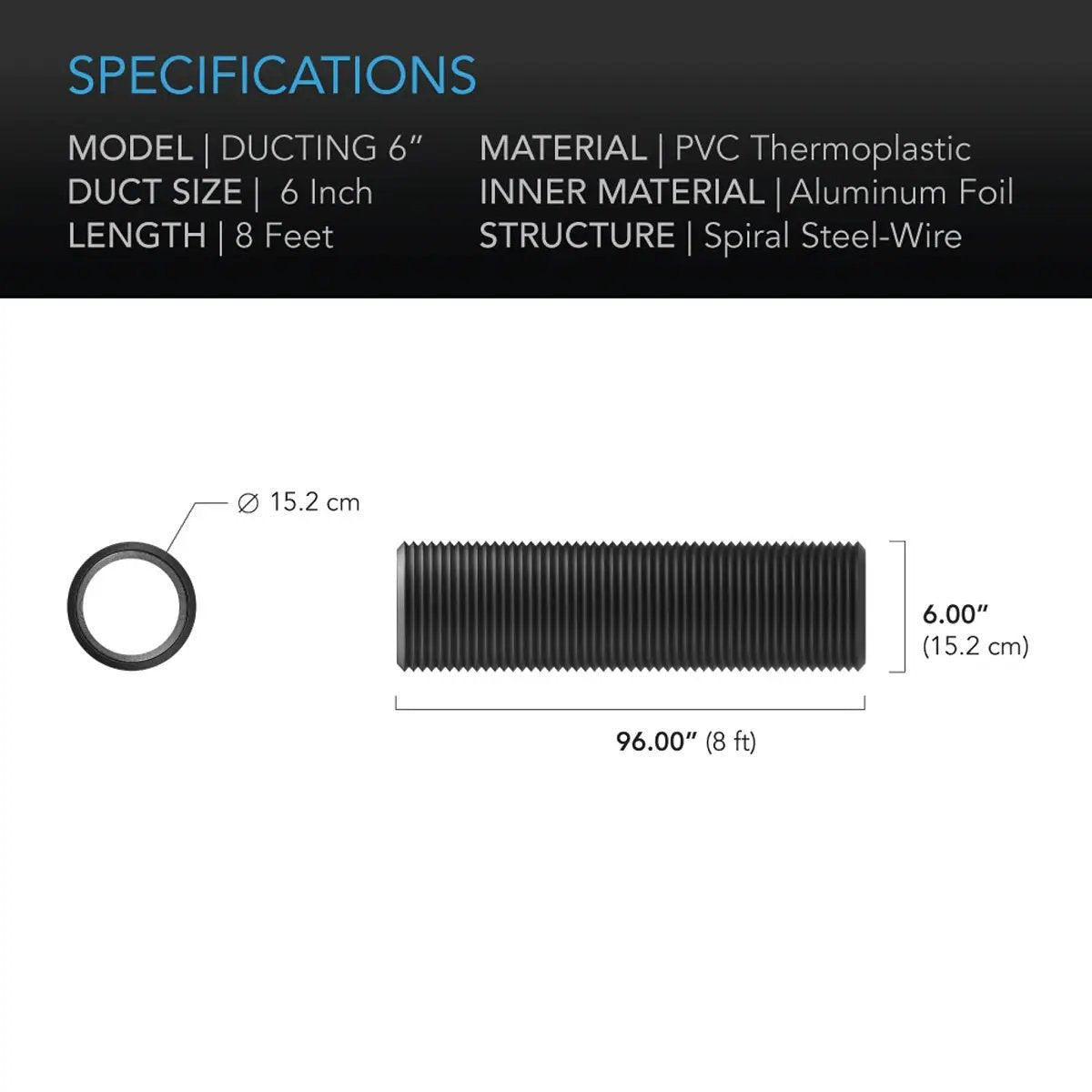 Gaine de 150mm AC Infinity en alu et PVC 2,4 mètres