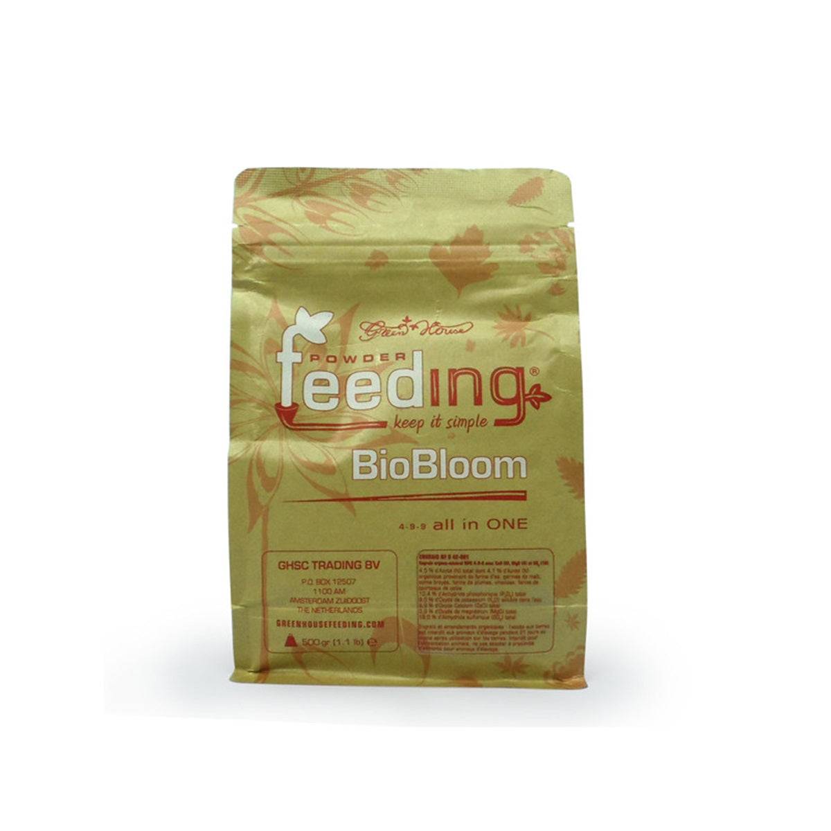 Engrais en poudre Green House BioBloom 500g pour floraison, NPK 4-9-9, idéal pour renforcer la résistance des plantes et stimuler la vie microbienne.