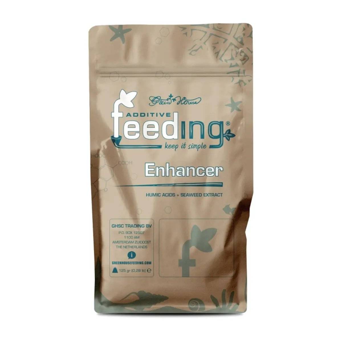 Nutriment Green House Powder Feeding BioEnhancer 125gr en sachet refermable, enrichi en acides humiques et extrait d’algues pour plantes. Engrais en poudre idéal pour sol, coco et hydroponie, stimulant la croissance racinaire et la résistance végétale.