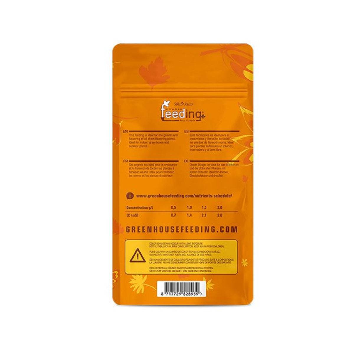 Dos du sachet Green House Powder Feeding Short Flowering 125gr avec instructions d'utilisation et tableau de dosage pour engrais autofloraison.
