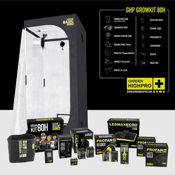 Kit culture indoor complet 80x80x180cm Garden Highpro avec LED 150W, tente de culture, extracteurs, ventilateurs et accessoires inclus.