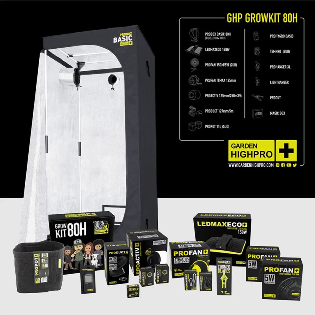 Kit culture indoor complet Garden HighPro 80x80x180 cm avec LED 150W, filtre à charbon, extracteur, pots et accessoires pour croissance et floraison