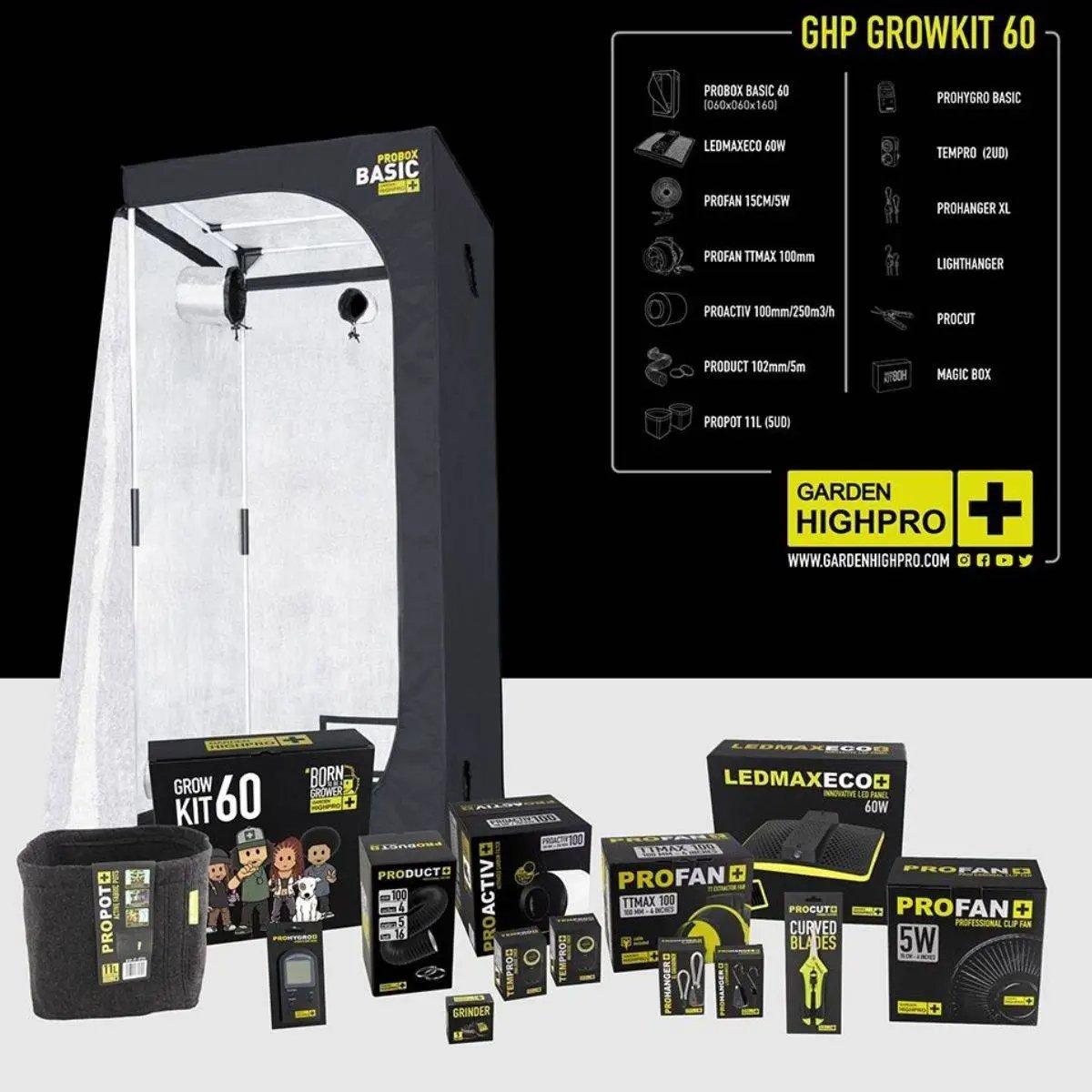  : Kit de culture complet Born to Be a Grower 60 de Garden HighPro - Comprend une tente Probox Basic 60x60x160 cm, un panneau LED 60W, un système de ventilation, un filtre à charbon actif, des pots géotextiles et divers accessoires pour la culture indoor. Idéal pour les débutants et cultivateurs expérimentés.