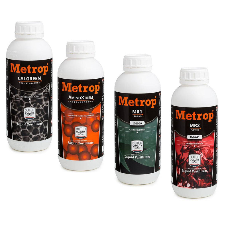 Kit d'engrais Metrop 1L avec 4 bouteilles : Calgreen, AminoXtrem, MR1 et MR2, idéal pour croissance et floraison en culture indoor.