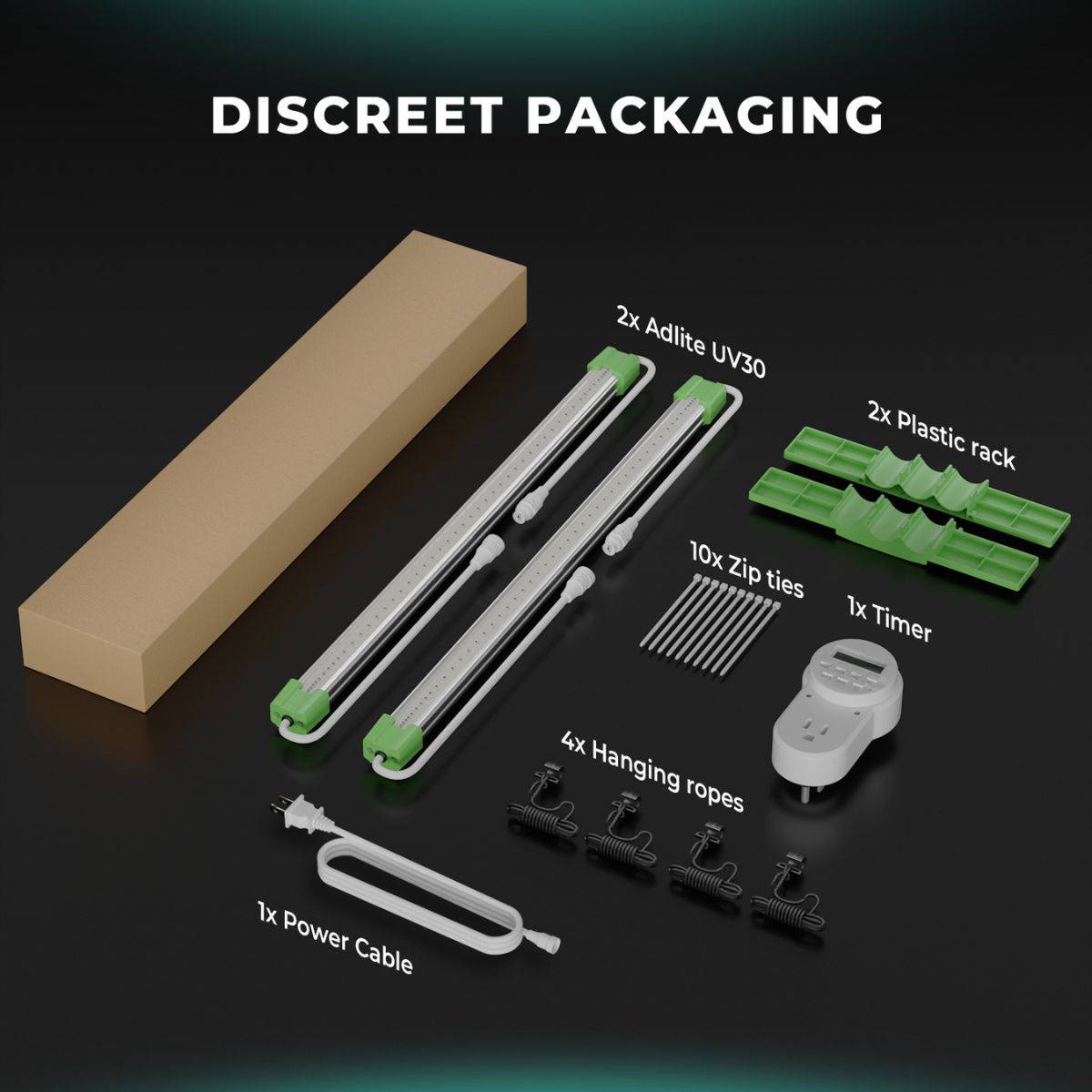 Contenu du kit Mars Hydro Adlite UV30 : 2 barres LED UV, racks plastiques, câble, minuteur et accessoires pour installation discrète en culture indoor.