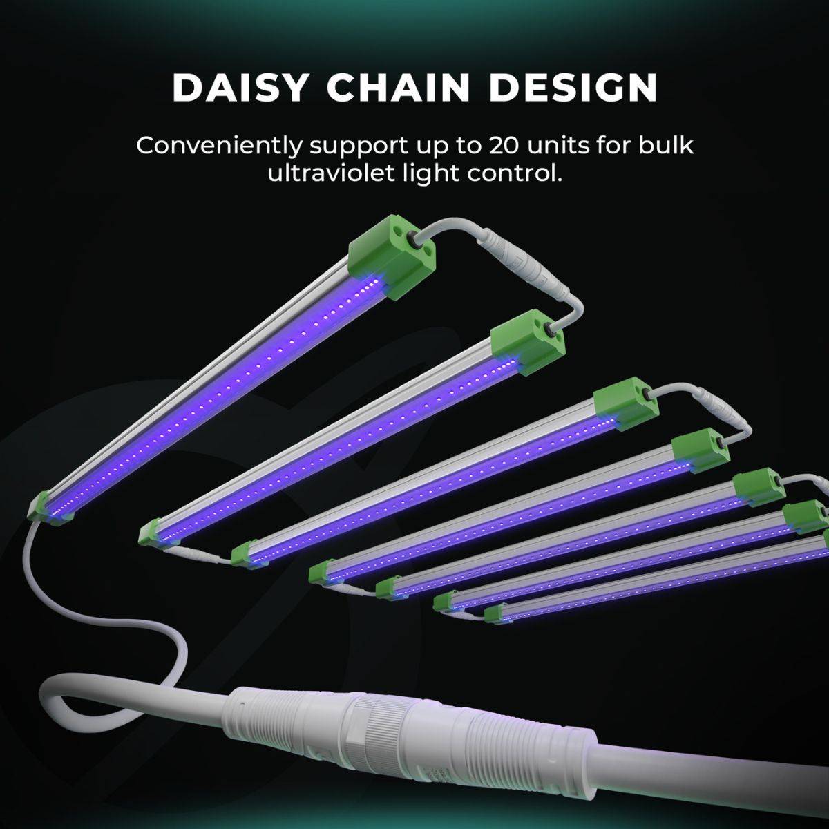 Design en guirlande des barres LED UV30 Mars Hydro permettant de connecter jusqu’à 20 unités pour un contrôle UV optimal en culture intérieure.