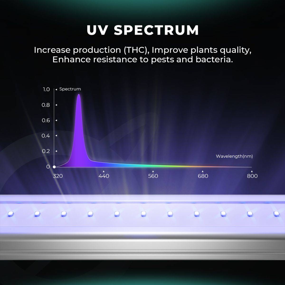 Spectre UV des barres LED UV30 Mars Hydro montrant un pic à 365-370nm, améliorant la qualité des plantes et leur résistance aux nuisibles.