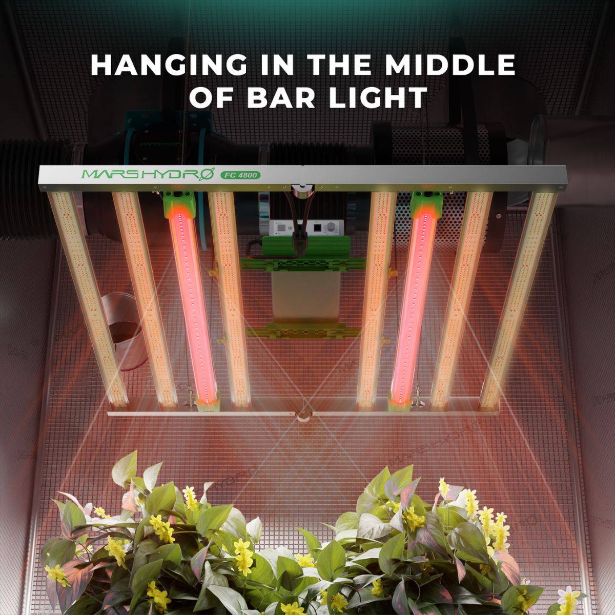 Barres LED Mars Hydro IR15 suspendues au centre d’un panneau lumineux, stimulant la croissance des plantes avec lumière infrarouge ciblée.