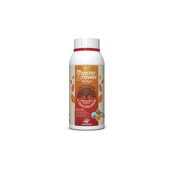 Engrais Hydropassion Bio Vegan Bloom 500ml pour floraison, formule NPK 2-4-5 à base d'extraits d'algues, 100% végétal et organique.
