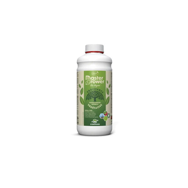 Engrais Master Grower Bio Vegan Grow – 1 litre en bouteille, idéal pour la croissance des plantes avec une formule organique et vegan certifiée.