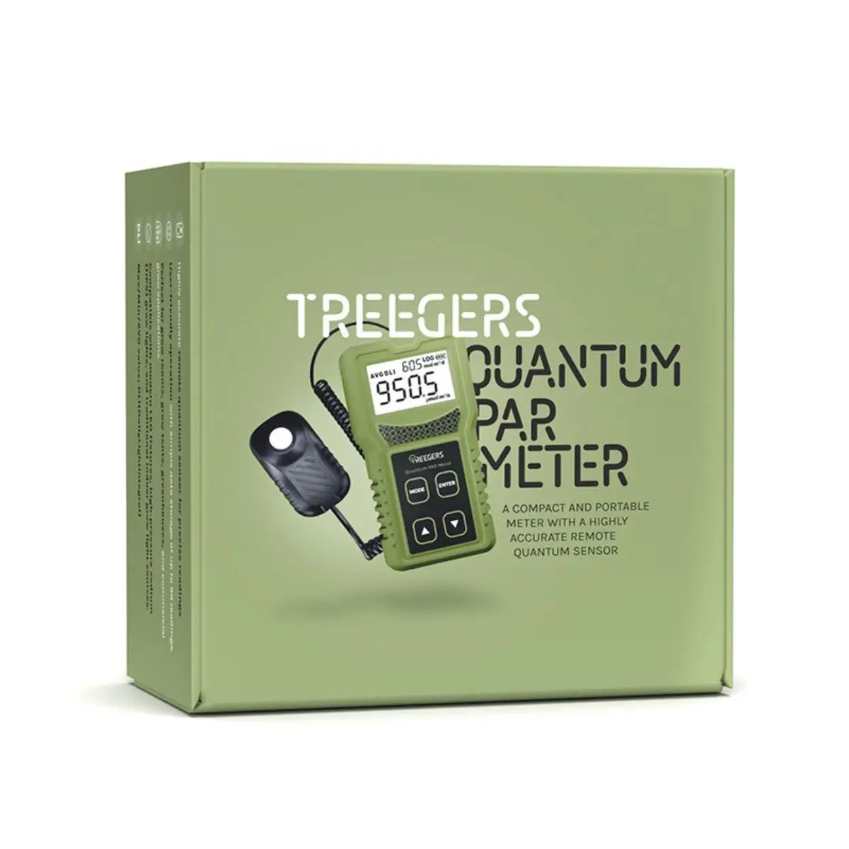 Boîte du PAR Mètre avec capteur à distance - Treegers, illustrant l'appareil et ses fonctions pour une mesure précise du spectre lumineux horticole.